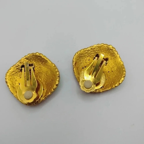 Gold Tone Fashion Multicolored Enamel Patchwork Abstract Art Pattern Earrings 1" - Picture 4 of 7